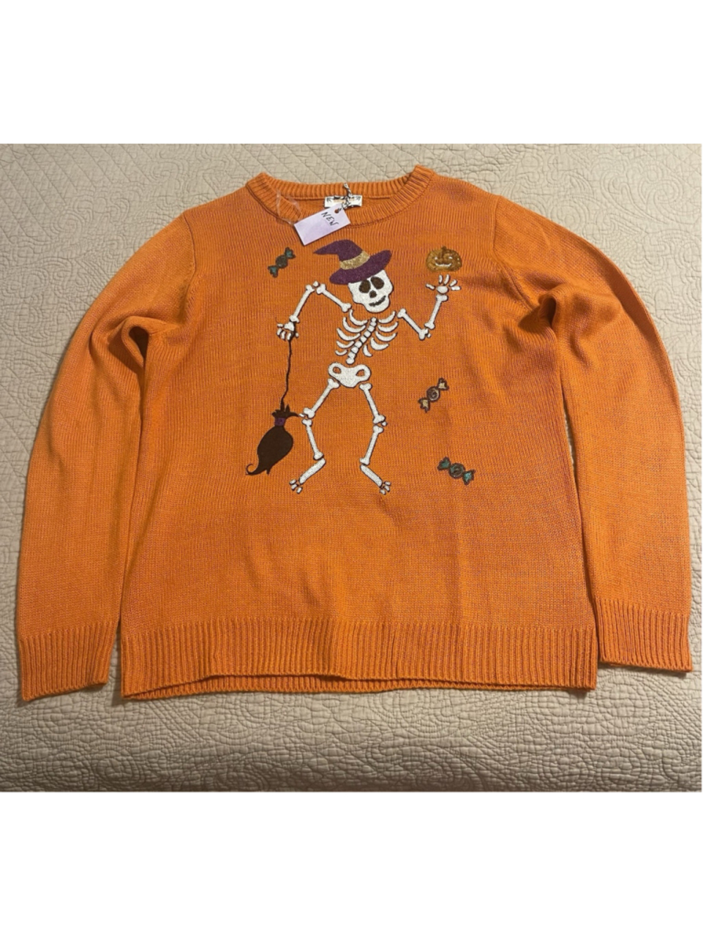 Halloween Sequined Skeleton Orange Sweater Women M Goth Skull Bat Pumpkin NWT